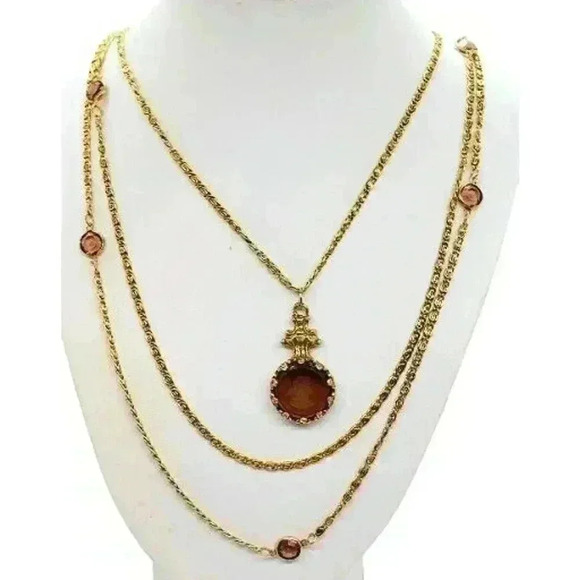 Vintage Goldette 3 Strand Cameo Necklace Amber Crystal Glass Intaglio 1950s - Picture 1 of 16